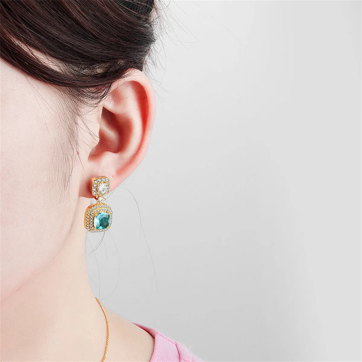 Light Green Crystal & Cubic Zirconia Square Drop Earrings