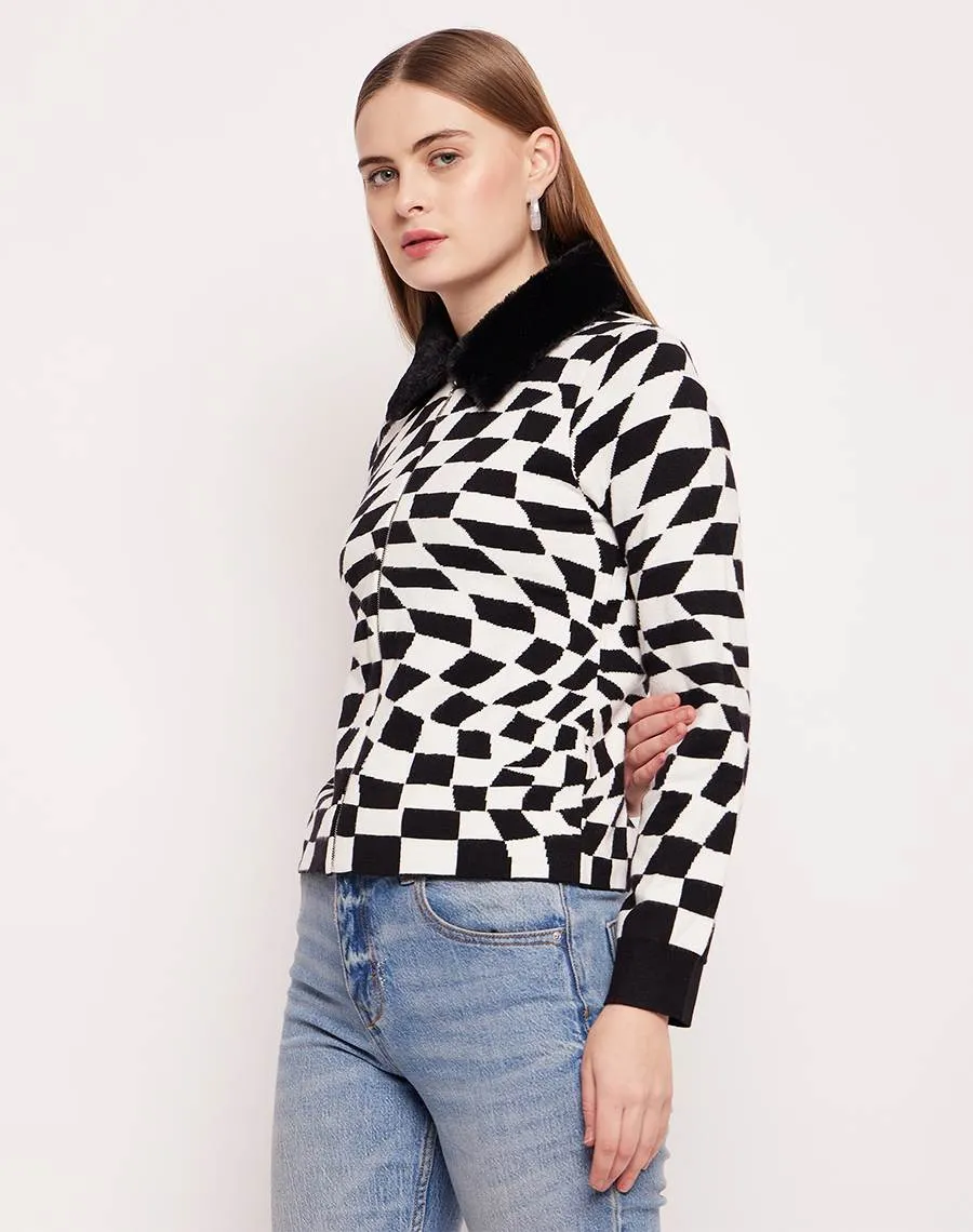 Madame Faux Fur Collar And Cuffs Geometric Print Off-White Sweater