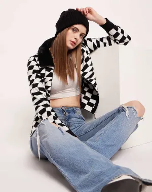Madame Faux Fur Collar And Cuffs Geometric Print Off-White Sweater