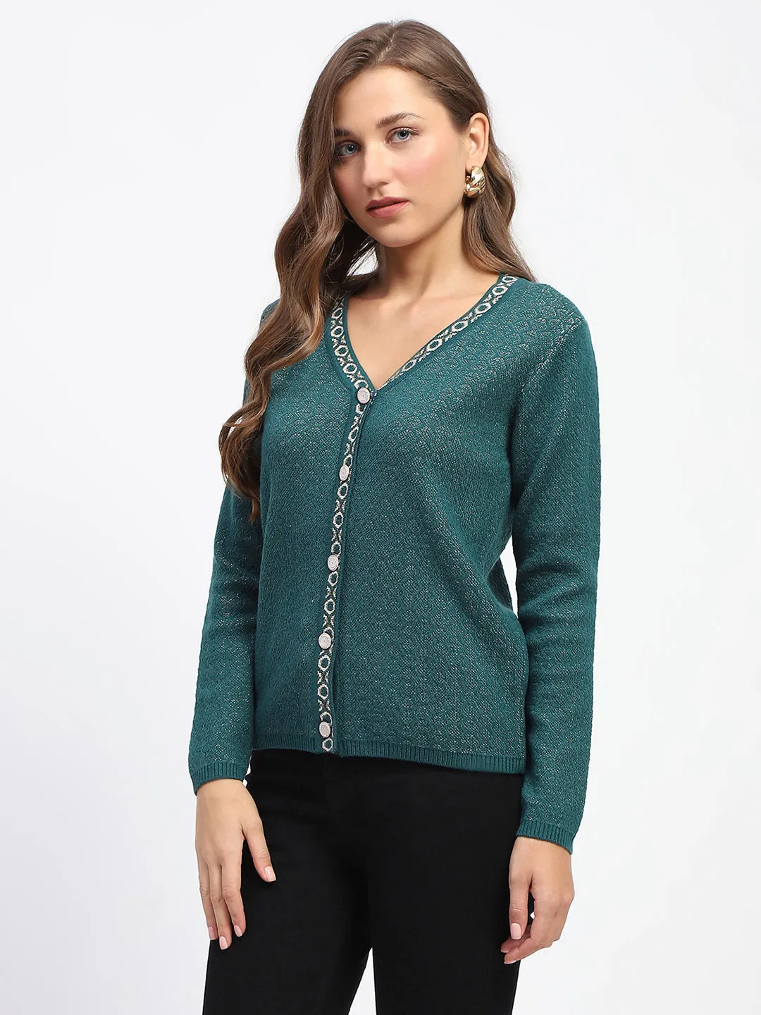 Madame Geometric Pattern V Neck Green Cardigan