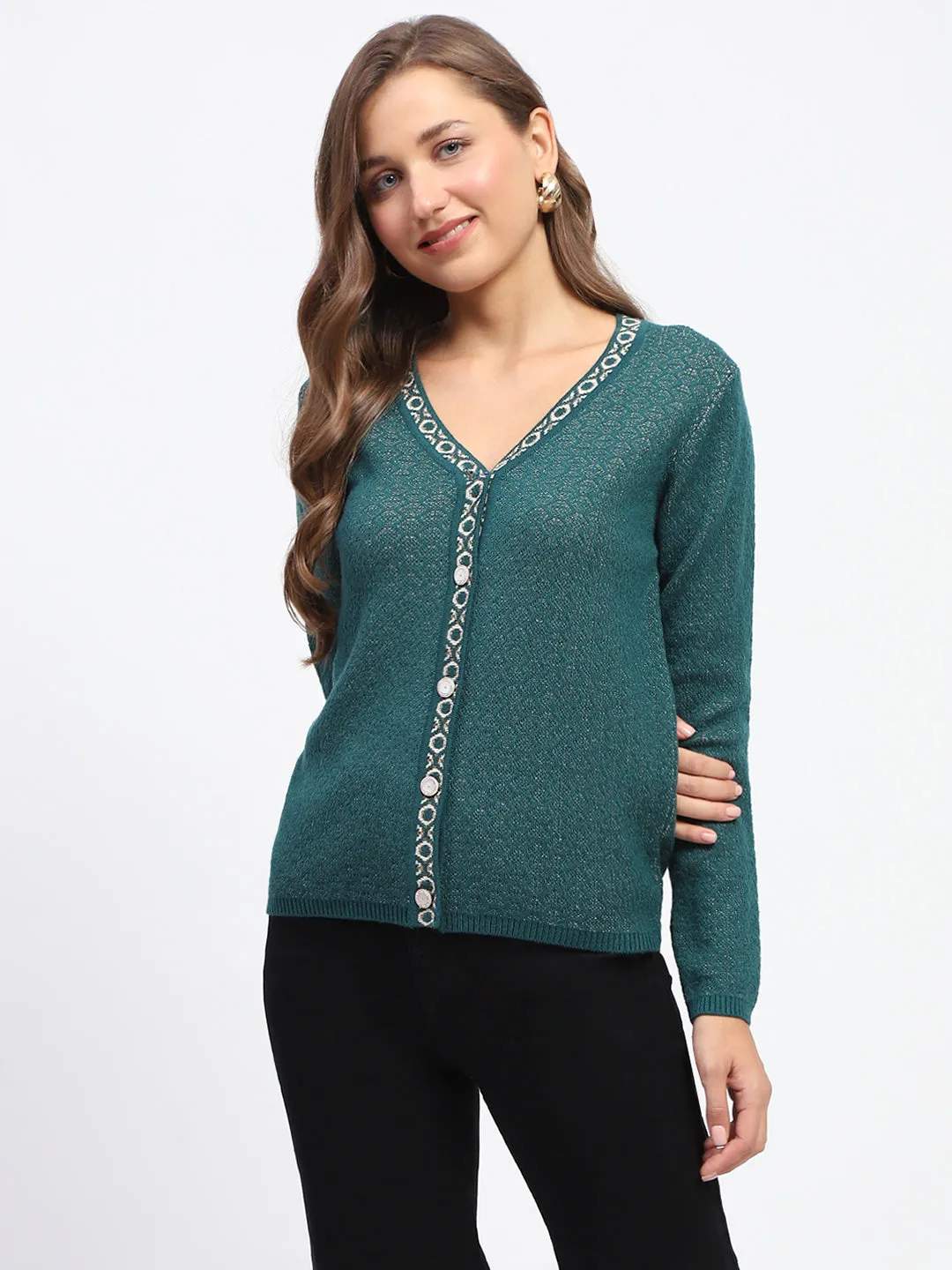 Madame Geometric Pattern V Neck Green Cardigan