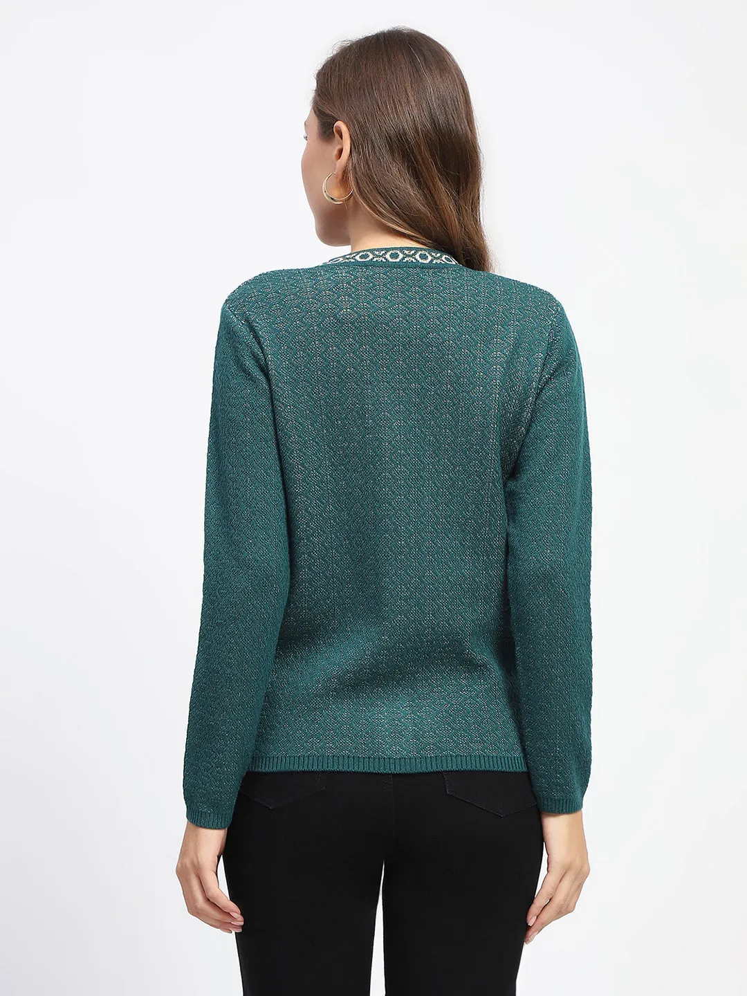 Madame Geometric Pattern V Neck Green Cardigan