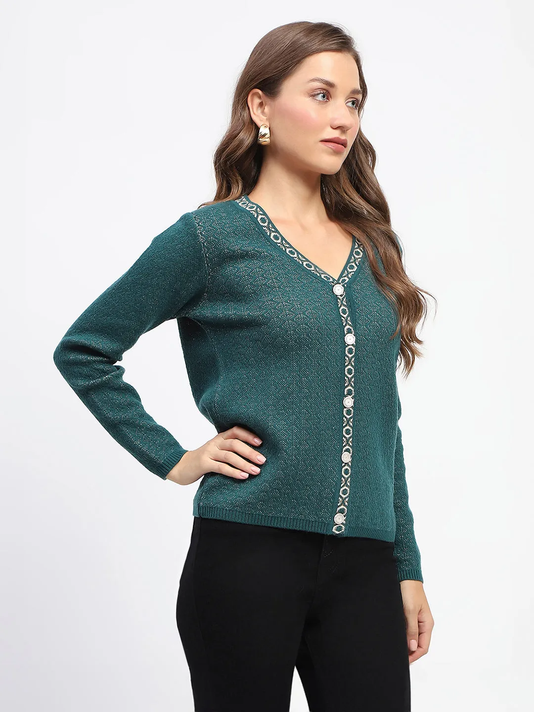 Madame Geometric Pattern V Neck Green Cardigan