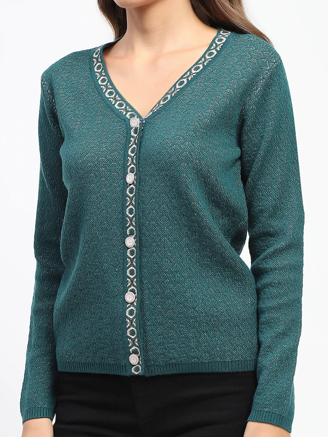 Madame Geometric Pattern V Neck Green Cardigan