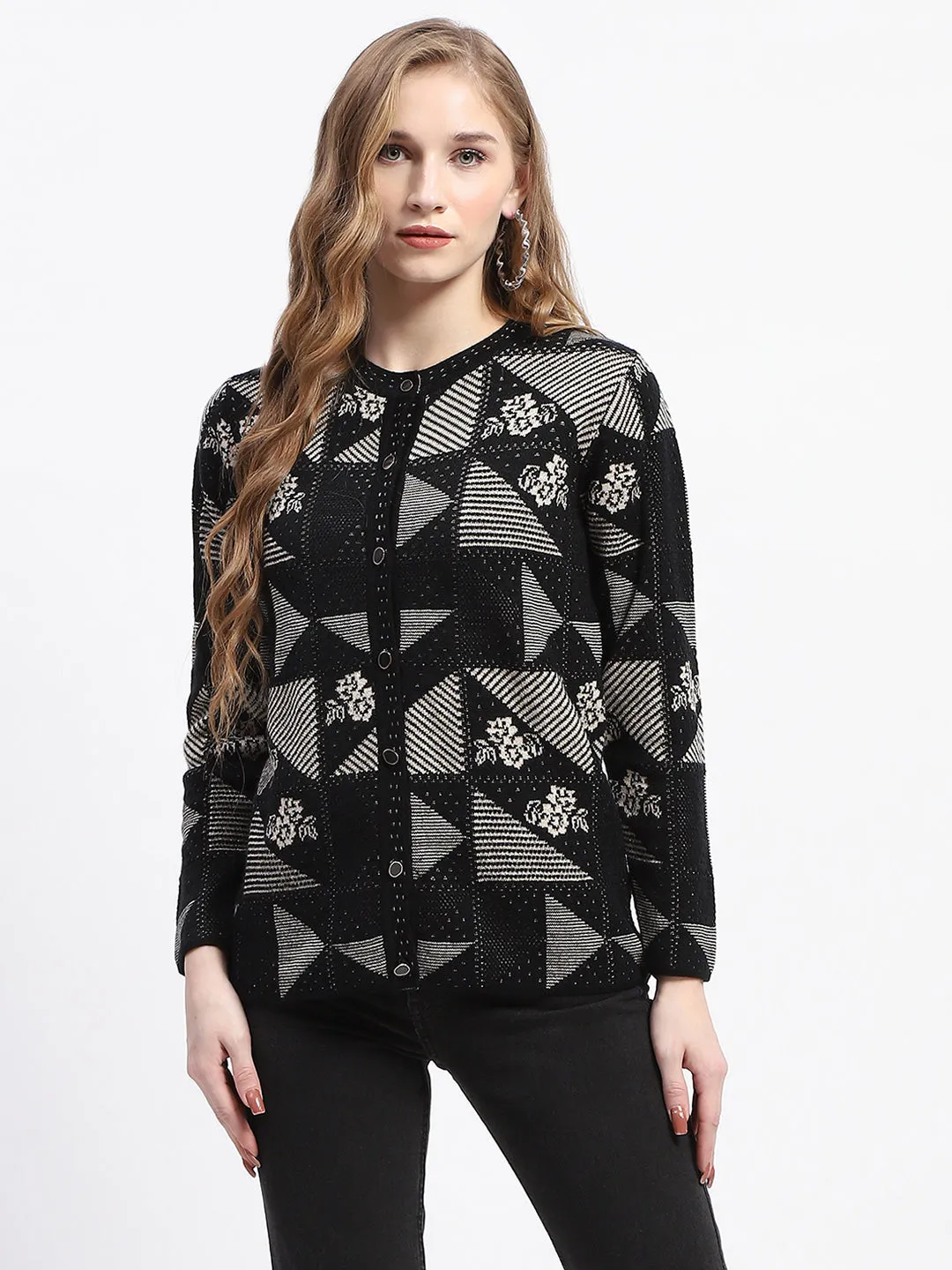 Madame Geometric Patterned Black and Grey Cardigan