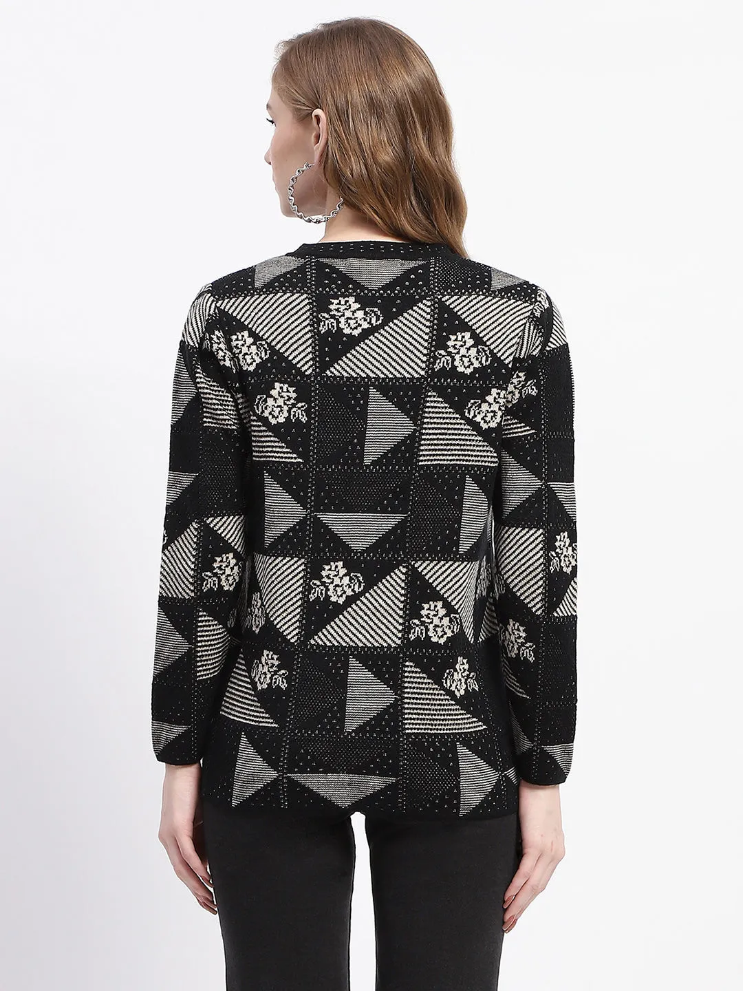 Madame Geometric Patterned Black and Grey Cardigan
