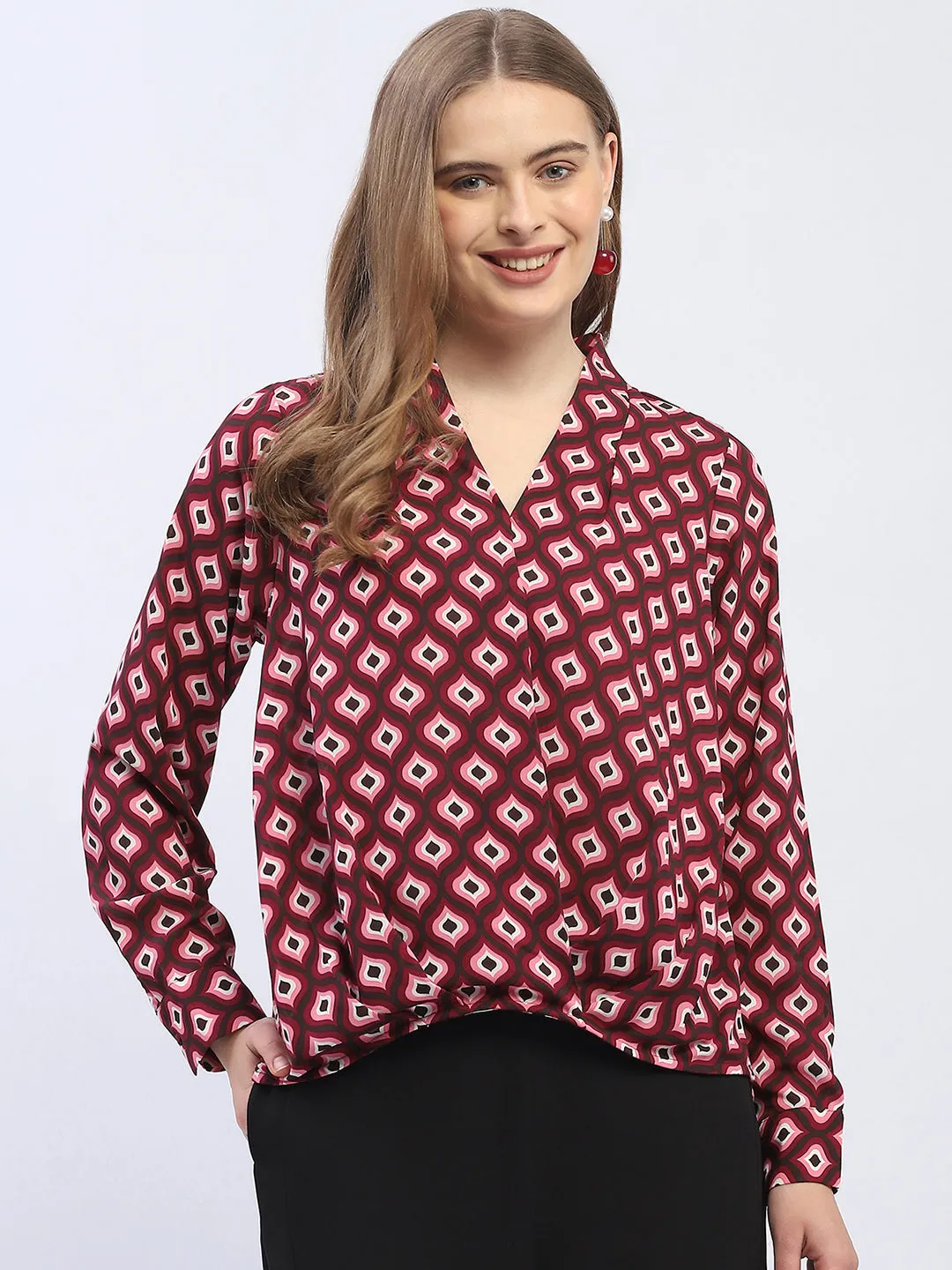 Madame Geometric Print Maroon Regular Top