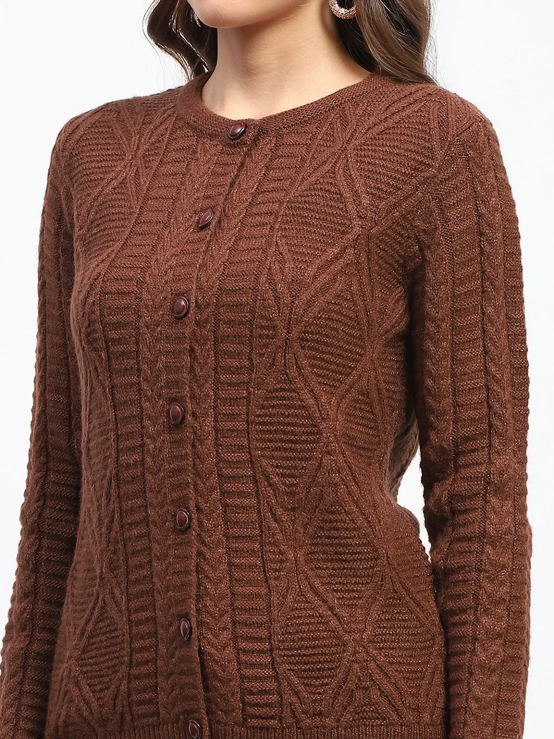 Madame Ribbed Cuff Geometric Pattern Brown Cardigan