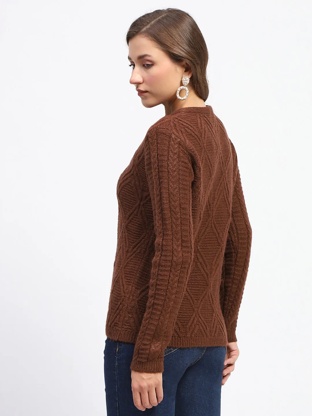 Madame Ribbed Cuff Geometric Pattern Brown Cardigan