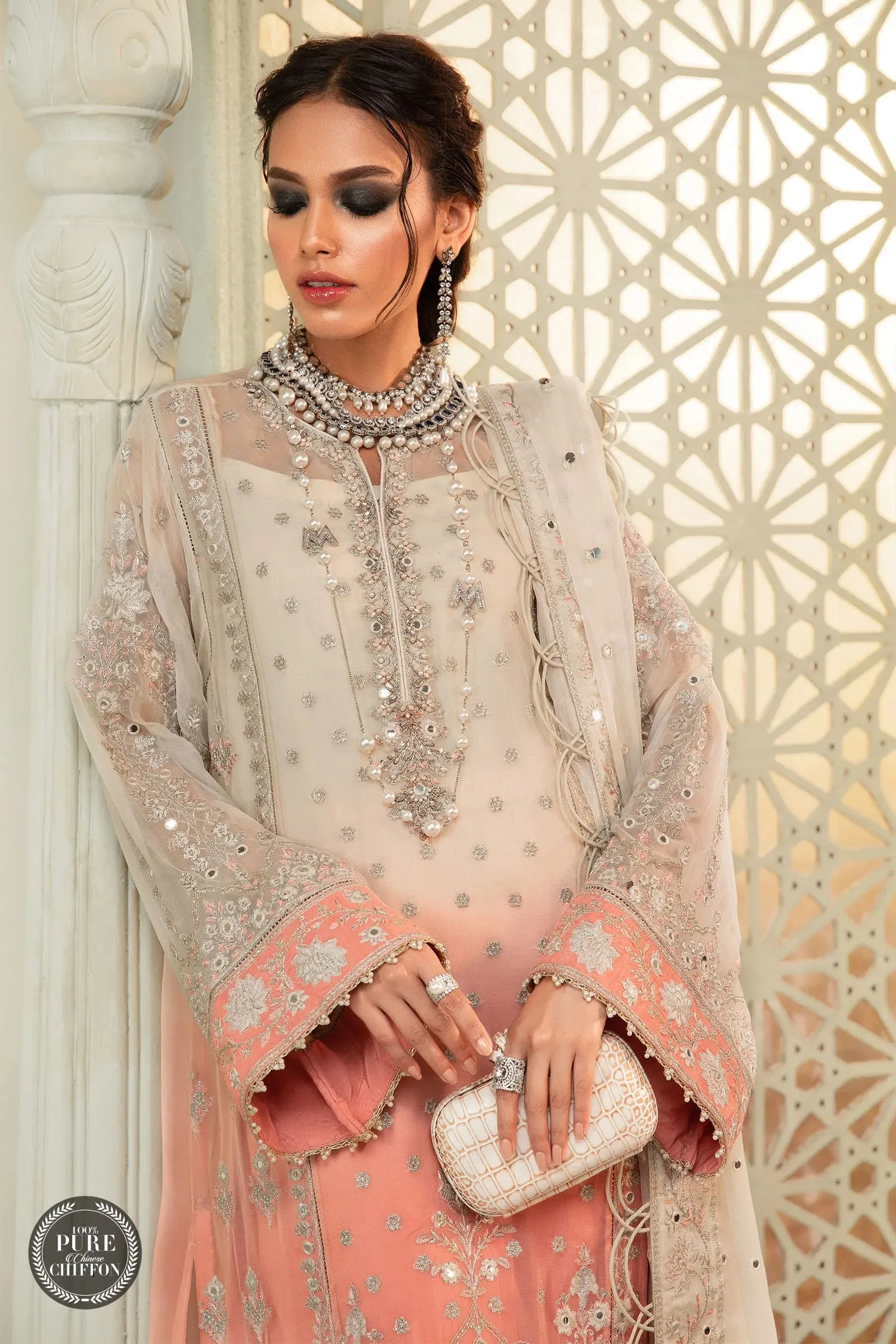 Maria B Mbroidered Chiffon EID 2022 | MPC-22-208-Cream and Coral Pink