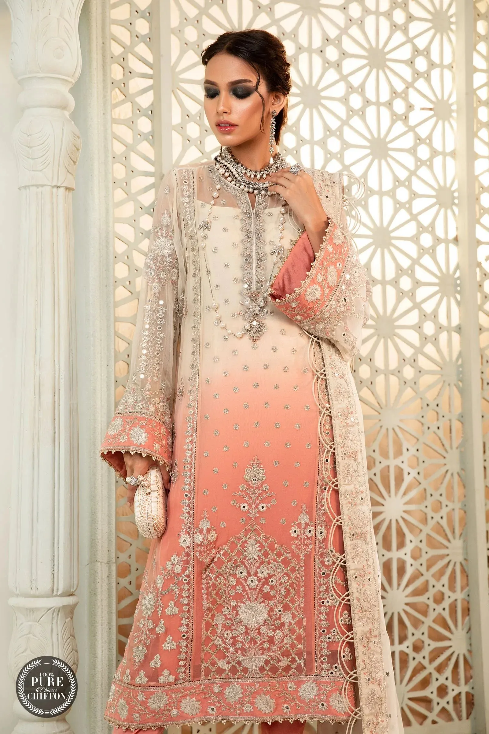 Maria B Mbroidered Chiffon EID 2022 | MPC-22-208-Cream and Coral Pink