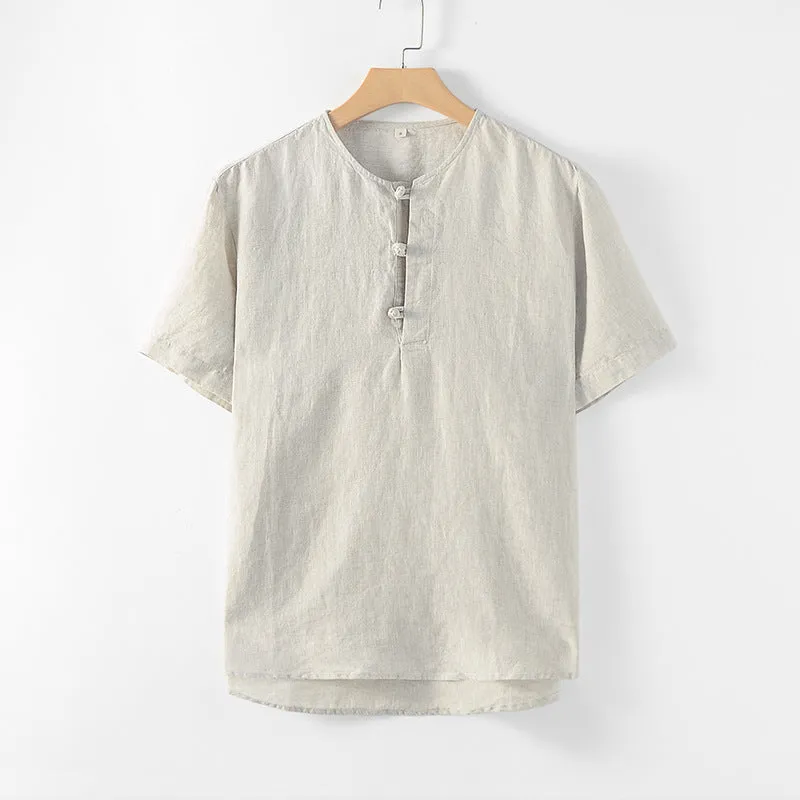 Men's 100% Linen Round Neck Short Sleeve Shirt