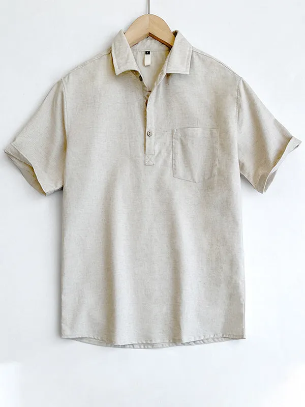 Men's Solid Color Cotton and Linen Short Sleeve Polo Shirt