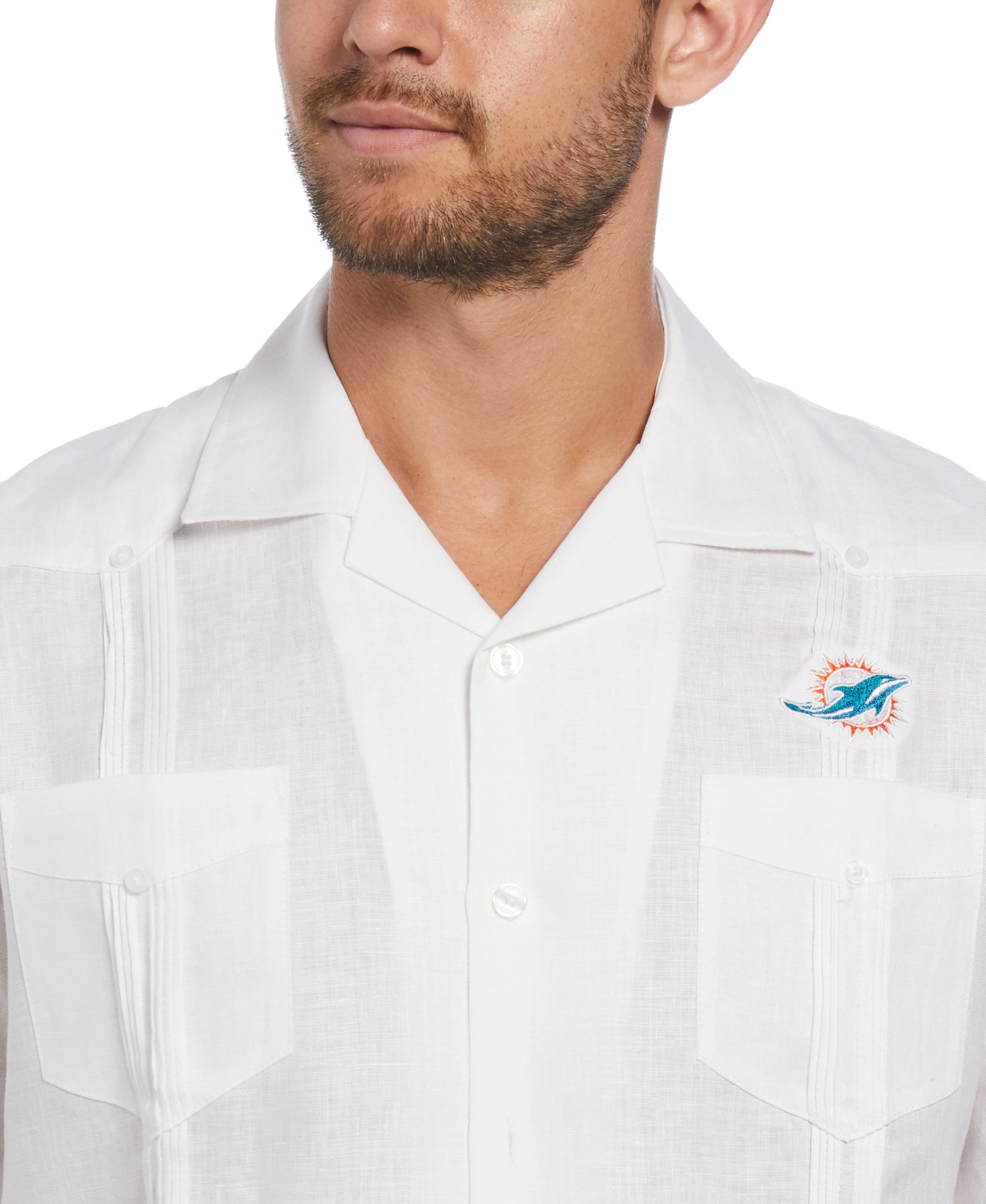 Miami Dolphins Logo Linen Short Sleeve 4 Pocket Guayabera