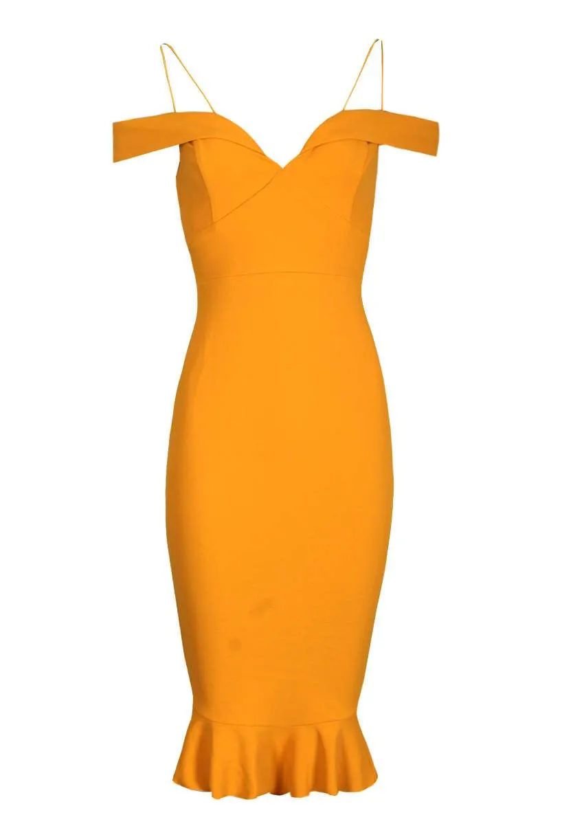 Mustard Off The Shoulder Strappy Fishtail Dress
