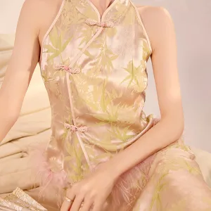 National style new Chinese-style green bamboo jacquard stand-up collar top temperament fashionable light luxury disc buckle vest skirt set N3011