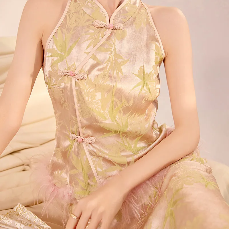 National style new Chinese-style green bamboo jacquard stand-up collar top temperament fashionable light luxury disc buckle vest skirt set N3011