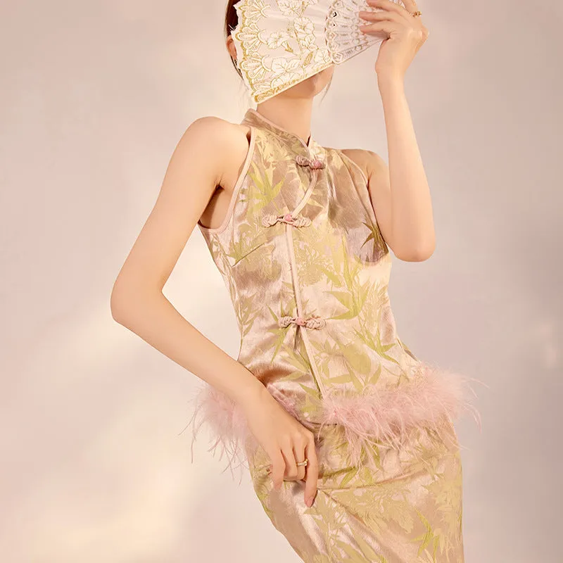 National style new Chinese-style green bamboo jacquard stand-up collar top temperament fashionable light luxury disc buckle vest skirt set N3011