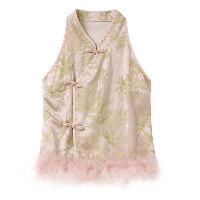 National style new Chinese-style green bamboo jacquard stand-up collar top temperament fashionable light luxury disc buckle vest skirt set N3011