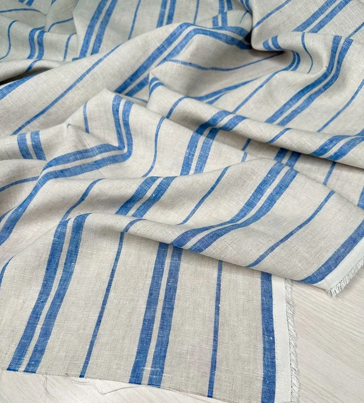 Natural/Azure - Yarn-Dyed Linen Stripe - 1/2 metre