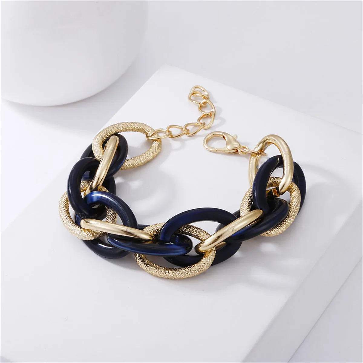 Navy Acrylic & 18K Gold-Plated Interlocking Chain Bracelet