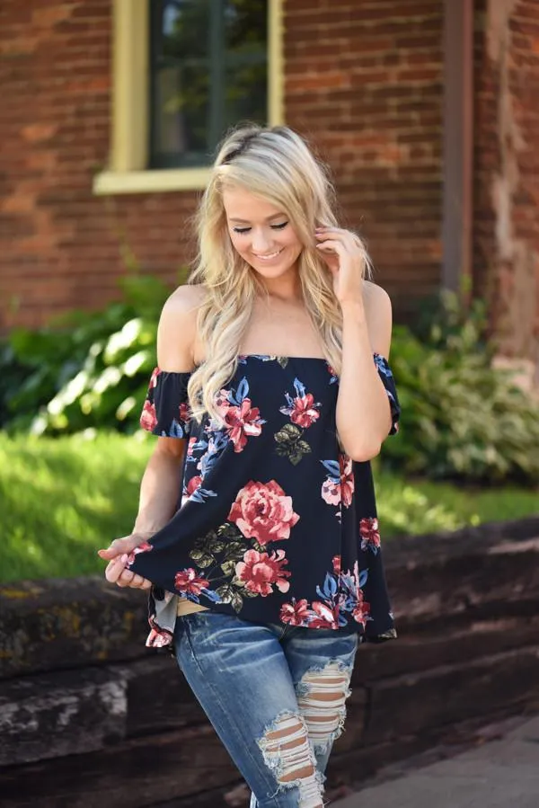 Navy Floral Off the Shoulder Top