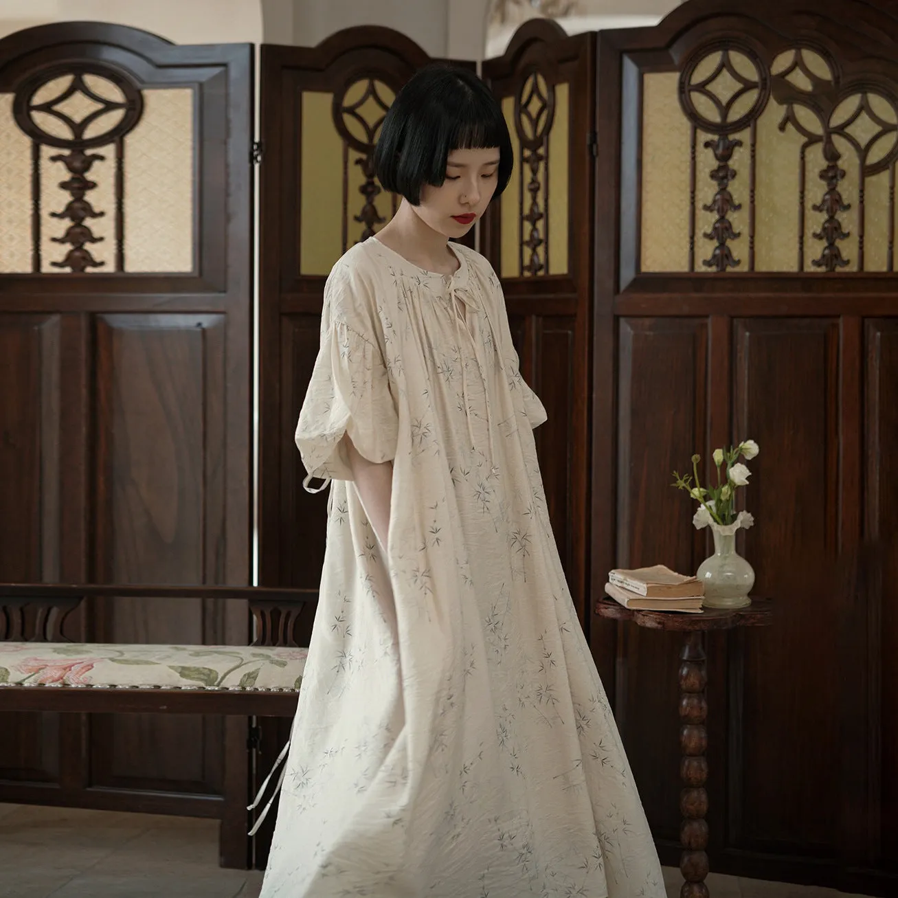 New Chinese dress women's gentle wind design long dress literary bamboo printing round neck loose skirt B0533