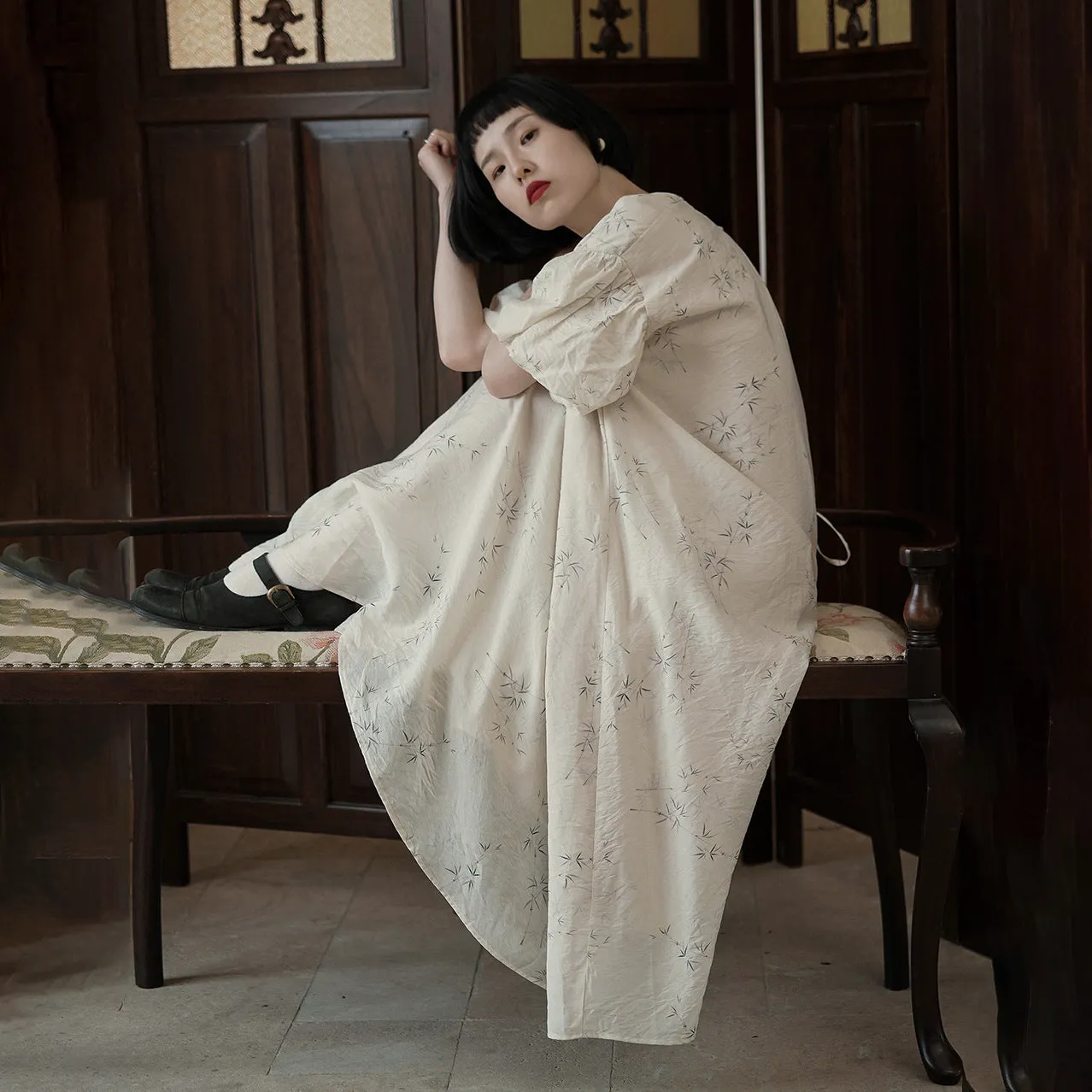 New Chinese dress women's gentle wind design long dress literary bamboo printing round neck loose skirt B0533