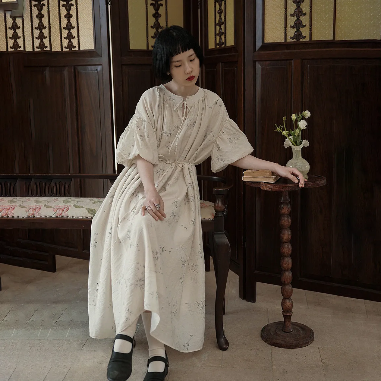 New Chinese dress women's gentle wind design long dress literary bamboo printing round neck loose skirt B0533