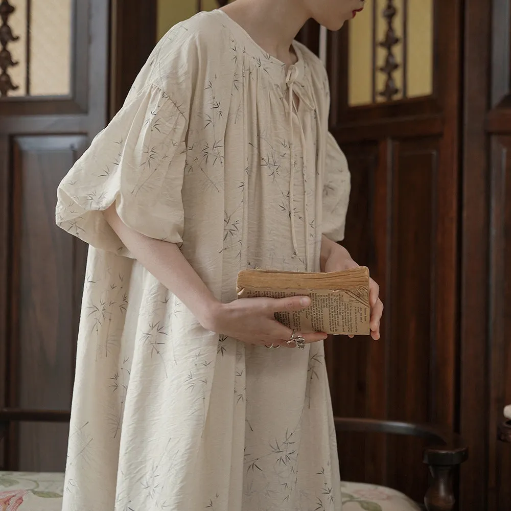 New Chinese dress women's gentle wind design long dress literary bamboo printing round neck loose skirt B0533