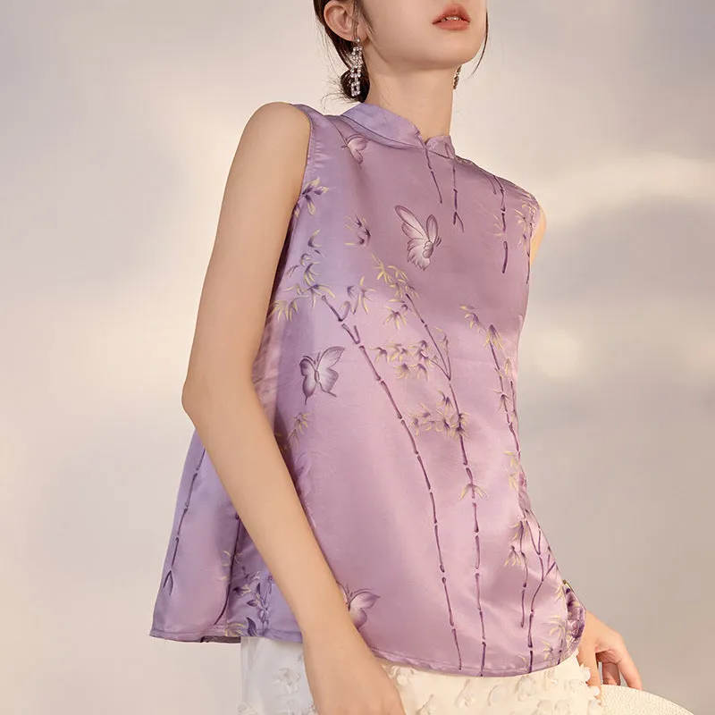 New Chinese style butterfly bamboo leaf print mulberry silk vest light luxury temperament top women's M4216