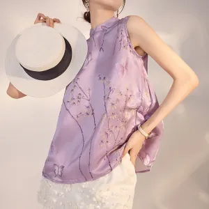 New Chinese style butterfly bamboo leaf print mulberry silk vest light luxury temperament top women's M4216