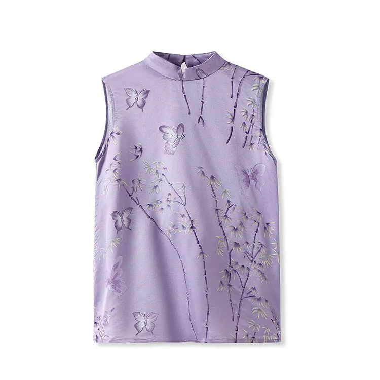 New Chinese style butterfly bamboo leaf print mulberry silk vest light luxury temperament top women's M4216