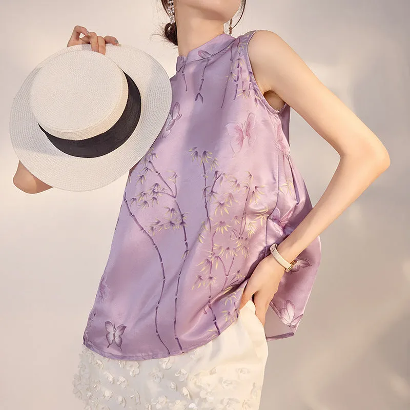New Chinese style butterfly bamboo leaf print mulberry silk vest light luxury temperament top women's M4216