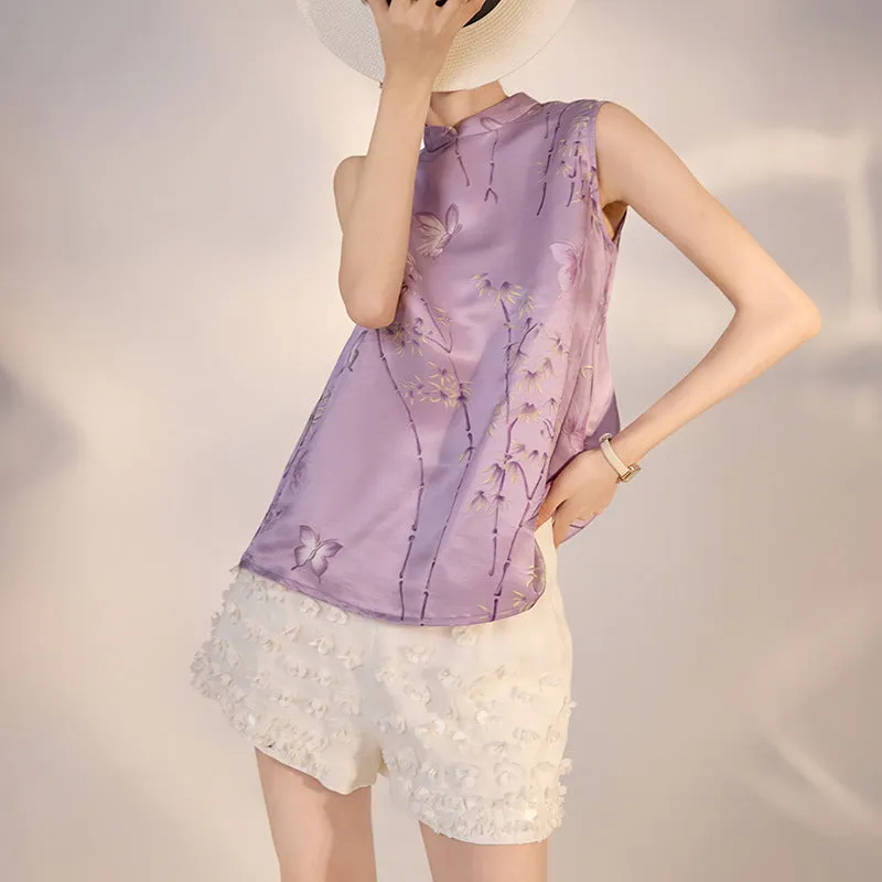 New Chinese style butterfly bamboo leaf print mulberry silk vest light luxury temperament top women's M4216