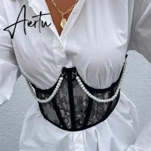 New Vintage Pearls Chain Lace Mesh Girdle Cummerbunds Women's Waist Corsets See Through Push Up Slim Accessories
