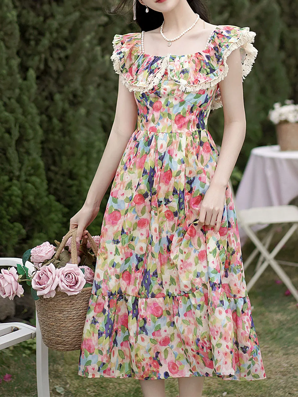 Off The Shoulder Floral Print Ruffles Vintage 1950S Dress