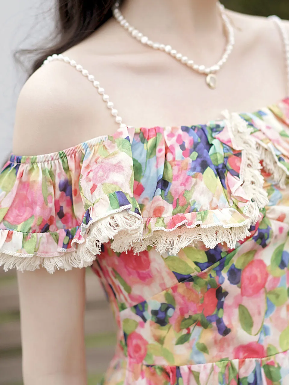 Off The Shoulder Floral Print Ruffles Vintage 1950S Dress