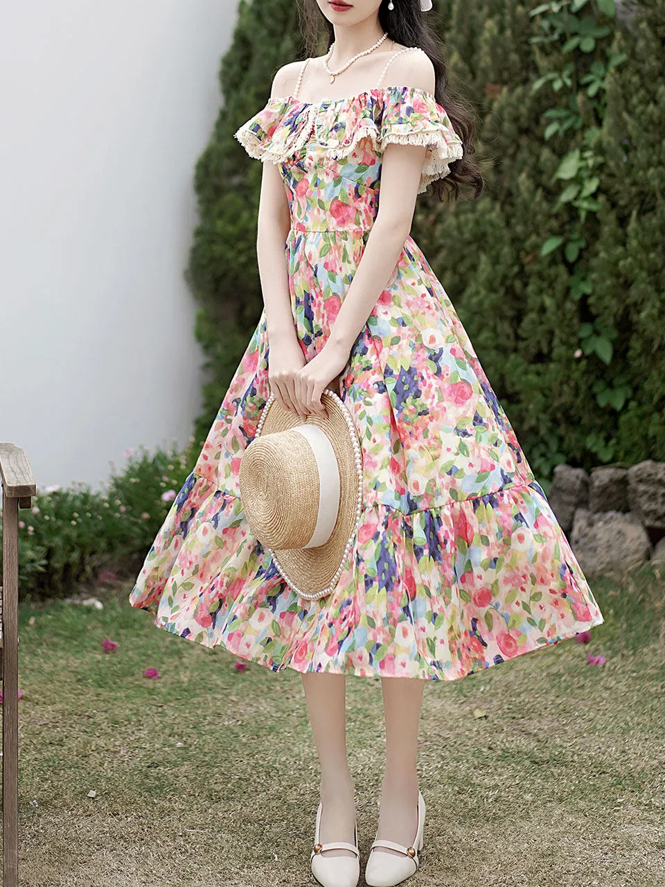 Off The Shoulder Floral Print Ruffles Vintage 1950S Dress