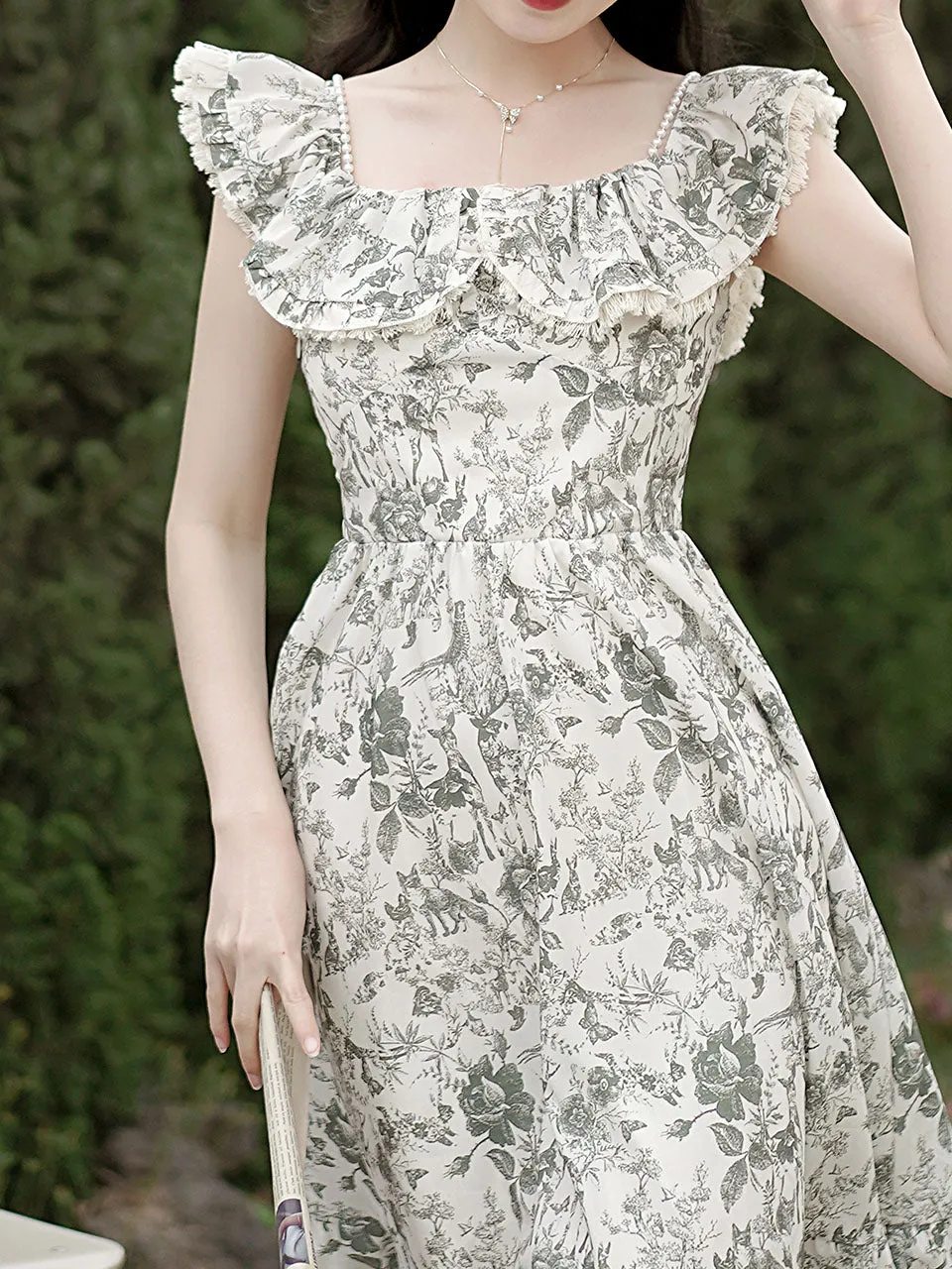 Off The Shoulder Floral Print Ruffles Vintage 1950S Dress