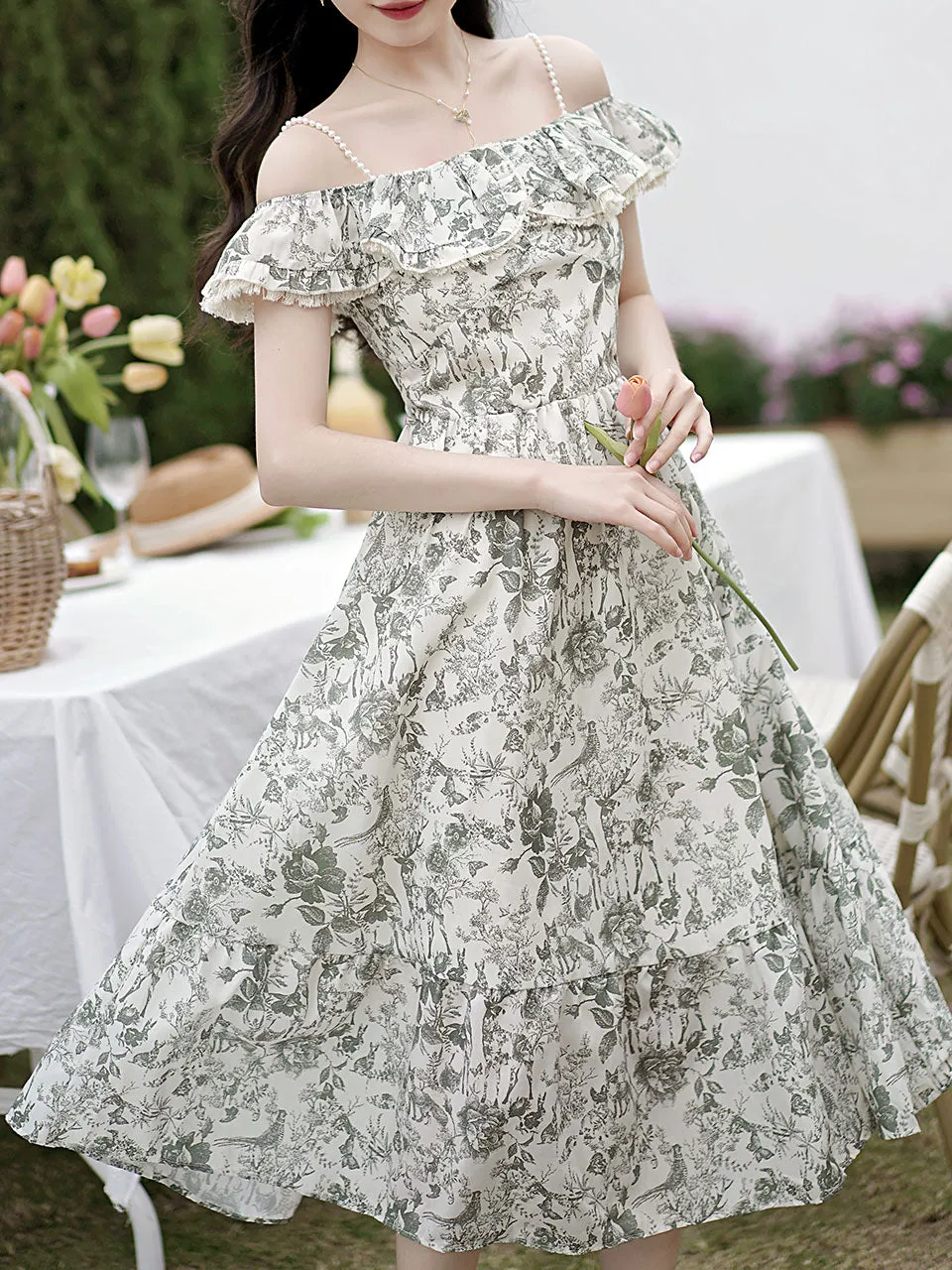 Off The Shoulder Floral Print Ruffles Vintage 1950S Dress
