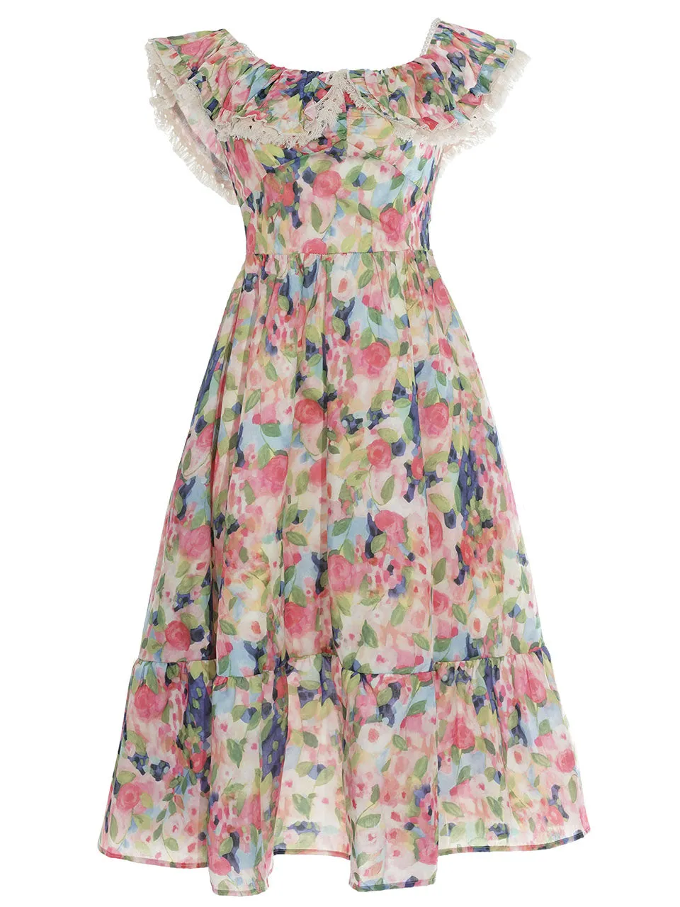 Off The Shoulder Floral Print Ruffles Vintage 1950S Dress