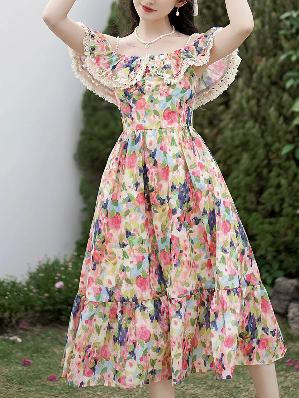 Off The Shoulder Floral Print Ruffles Vintage 1950S Dress