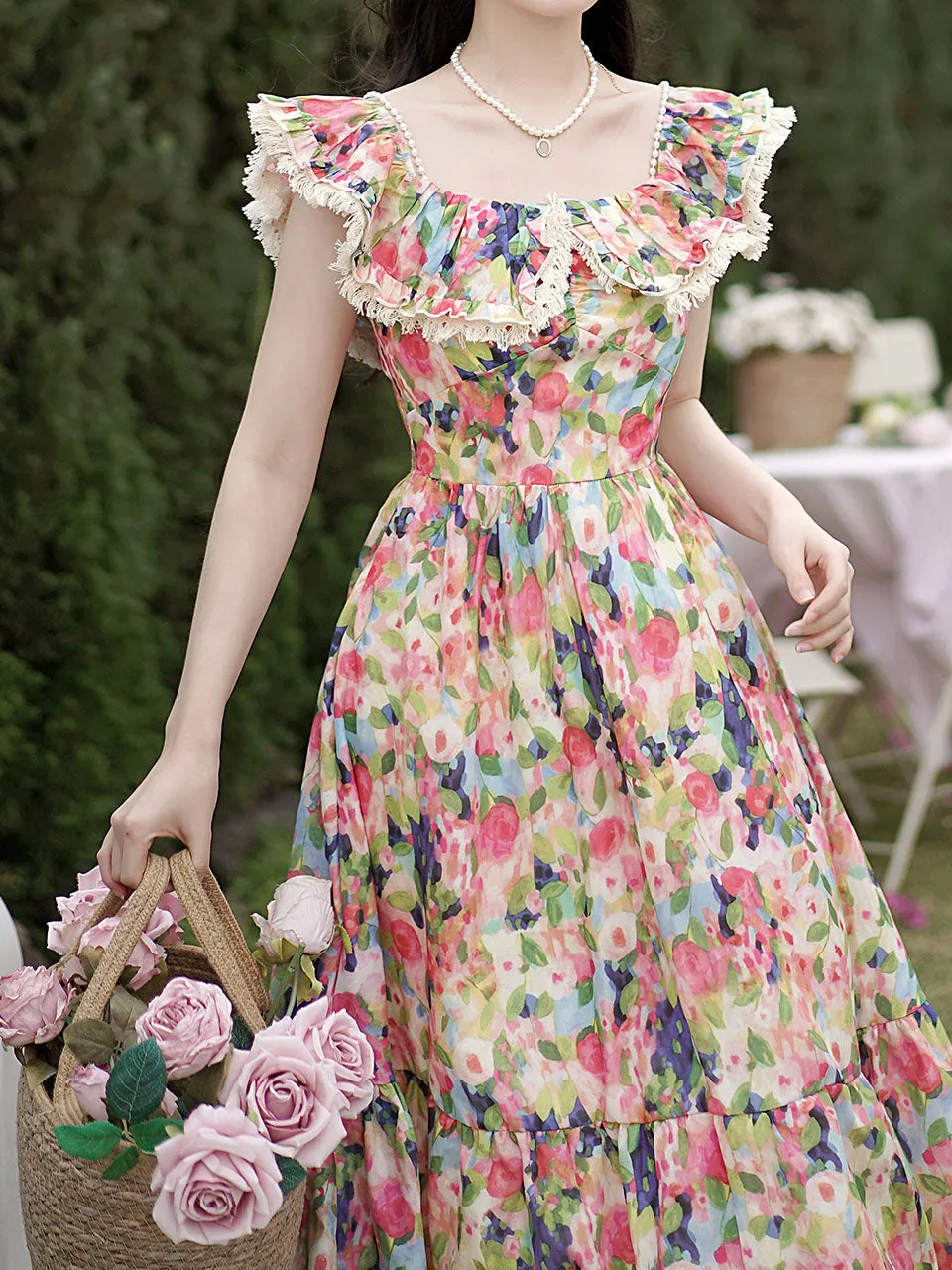 Off The Shoulder Floral Print Ruffles Vintage 1950S Dress