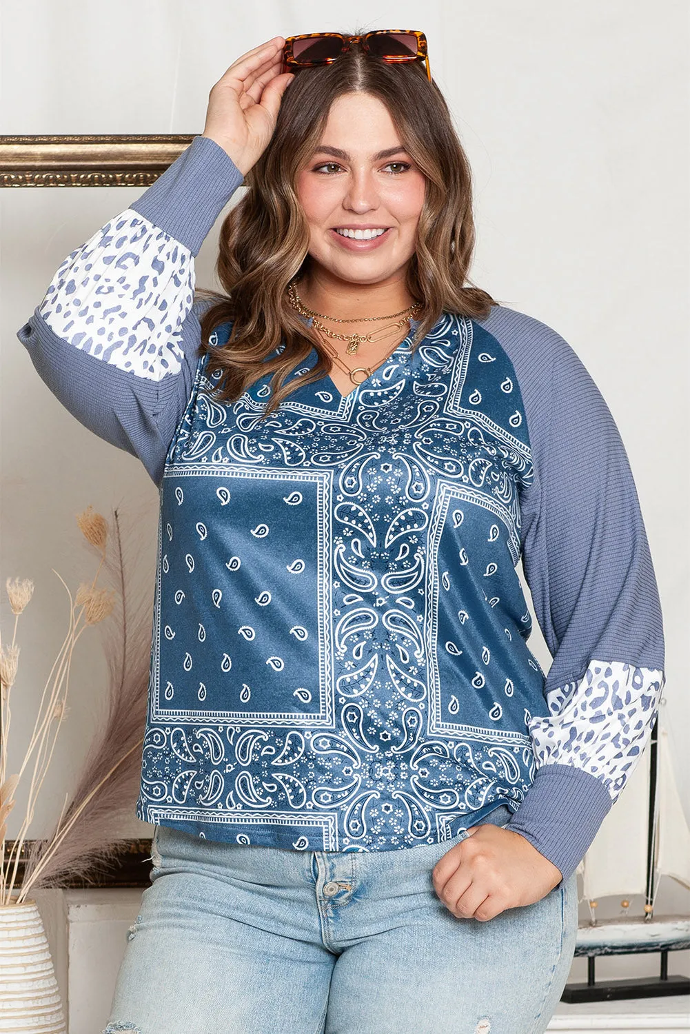 Paisley Split Neck Plus Size Top
