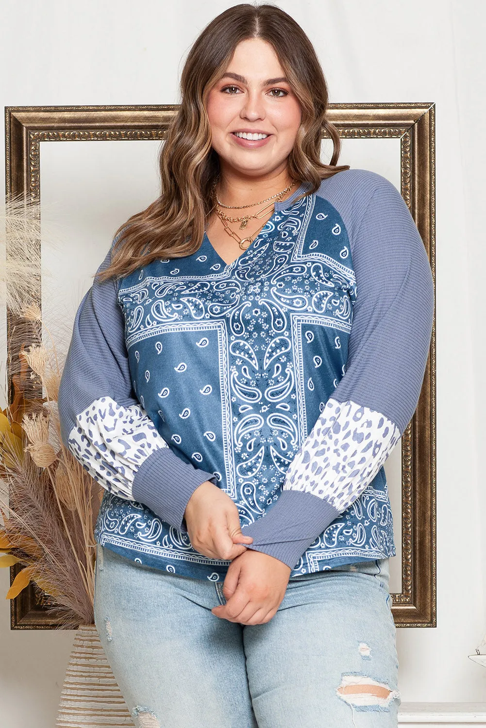 Paisley Split Neck Plus Size Top