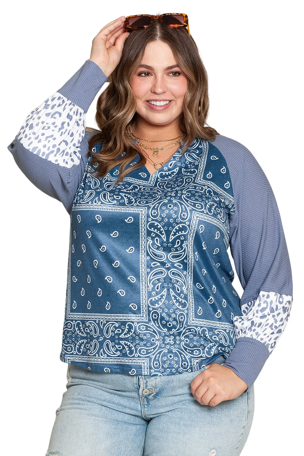 Paisley Split Neck Plus Size Top