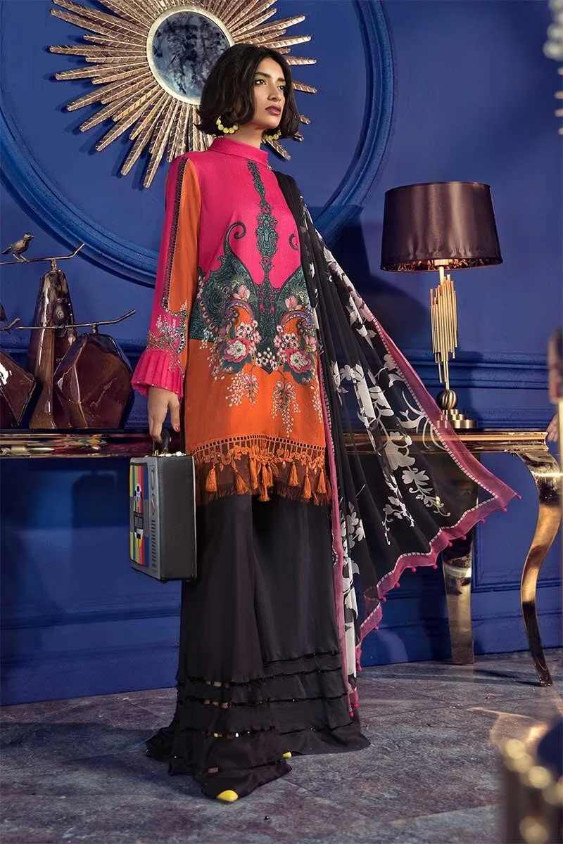 Pakistani designer linen dress in pink and orange color # P2351