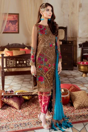 Pakistani embellished chiffon outfit in metallic copper color # P2452