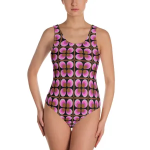 Patterned One-Piece Swimsuit | Pink Black 70s Floral Retro Style